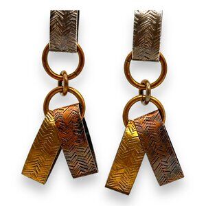 Vintage MB SF Brass & Sterling Silver Loop Dangle Earrings With Chevron Pattern
